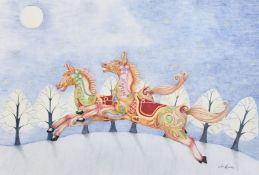 Jess Knowles, 'Moonlight Gallopers', colour pencil drawing, signed, artists card verso, 12.75