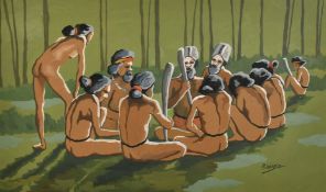 R. Wakelin, A group of seated Aboriginal Australians, watercolour and gouache, signed, 11