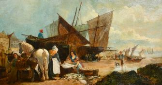 Circle of William Shayer, 19th Century, figures unloading the catch on a beach, oil on canvas, 20