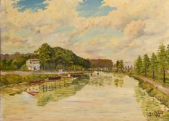 Max de Fiege, French School, Circa 1927, rowing boats on a river with figures close by, oil on