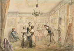 19th Century, An interior scene with figures, ink and watercolour, indistinctly signed, 14