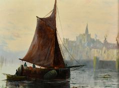 19th Century, A sailing boat with figures in calm waters near a harbour wall with a city beyond