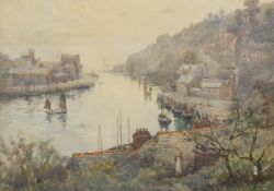 Herbert E Butler (1861-1931), figures gathered on a quay in a Cornish fishing village,