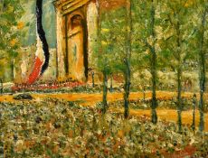 Mid-20th Century French School, a view of figures parading through a victory arch, oil on board,