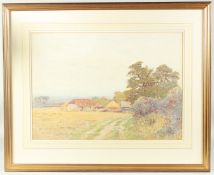 A summer landscape with a track to farm buildings, watercolour, 14.75