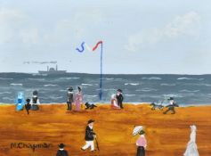 Margaret Chapman (20th Century), figures on a beach with a French flag, oil on board, signed, 8