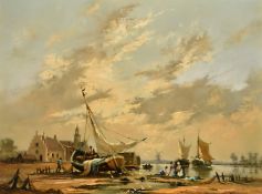 Gudrun Sibbons (b. 1925), a scene of female figures sorting the catch with boats and a windmill