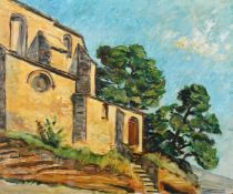 Mid-20th Century French School, a view of buildings on a hillside, oil on canvas, 21.25
