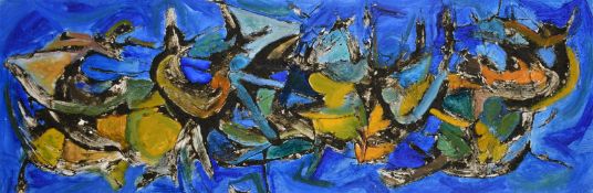 J.C. Deleux, Circa 1966, abstract composition on a blue background, oil on canvas, signed verso, 16