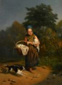 19th Century possibly German School, a young girl with a basket of eggs and her chicken and a dog in
