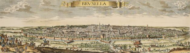 A hand coloured print of a panoramic view of Brussels 'Bruxella', 13
