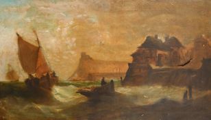 19th Century English School, figure in a rowing boat hauling nets off a headland, oil on canvas, 22