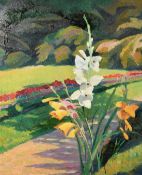 Mid-20th Century French School, a study of flowers in a park, oil on board, 25.5