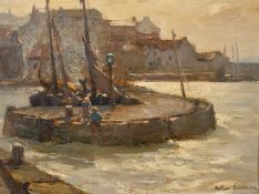 Arthur Friedenson (1872-1955), figures on a harbour wall in a fishing village, oil on panel, 10.5