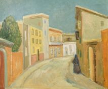 Roland Kempe (1907-1991) Swedish, figure walking through a Sothern town with buildings in