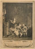 A set of four decorative prints of French boudoir scenes, each 11.25
