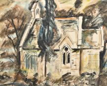 Circle of John Piper, a medieval church, watercolour, indistinctly signed, 12.5