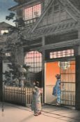 Tsuchiya Koitsu, 'Tea House Araki Street', colour woodblock, signed with red seal, 15 x 10