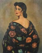 French School, Circa 1937, a female figure bearing her shoulders in a gown decorated with flowers,