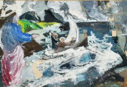 Expressionist School, A Christ like figure on a shore with fishermen in a boat nearby, oil and