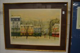 A French street scene with shops and buildings, colour print, pencil signed.