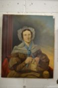 A 19th century portrait of a seated lady knitting, oil on canvas, unframed.