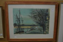 Jean Carzou, Boats tied up on the bank of the river Seine, limited edition lithograph, pencil