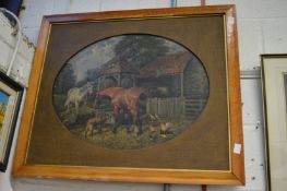 19th century farm scene with horses, a goat and chickens, oil on canvas, signed, framed oval (