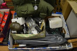 A quantity of fishing equipment to include reels, landing net, waistcoat etc.