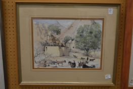 Yemeni Mosque, watercolour, pencil signed.