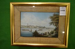 A small Continental School picture depicting figures on a shore with sailing boats and a city