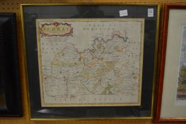 Robert Morden, Surrey, part hand coloured map, framed and glazed.
