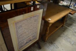 A fire screen, pine two tier coffee table and a pine bench seat.