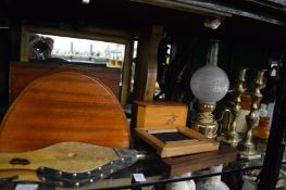 Miscelleaneous collectables to include mahogany clock brackets, pair of candlesticks etc.