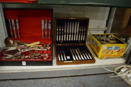 Part cased set of fruit knives and forks and a quantity of other flatware.