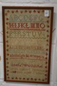 An alphabet sampler, probably 19th century, signed Sarah Baileys sampler Blangdon (?) aged 7½