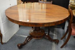 A Regency rosewood circular breakfast table on tapering column support, carved circular base with