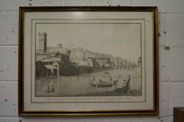 Venetian canal scene, reproduction engraving in a decorative frame.