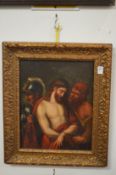 19th century French School, Christ in a Crown of Thorns being unbound, oil on board, decorative gilt