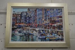 Busy harbour scene with sailing boats and buildings, oil on canvas, signed.