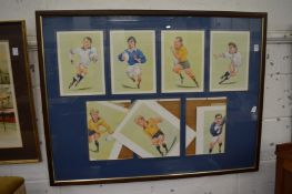 Group of caricatures of rugby players, colour prints, framed as one.