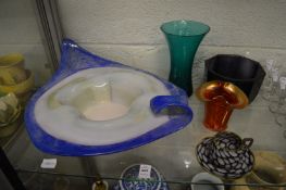 An amethyst glass octagonal heavy bowl engraved with initials, the base signed Karhula, 1936