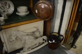 A copper bed warming pan, large pottery jug and two cut out metal animals.