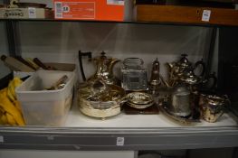 A quantity of plated wares to include a four piece tea service, quantity of flatware etc.