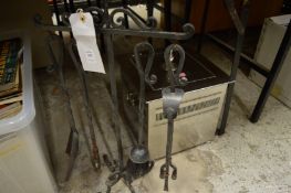 Wrought iron companion set and a coal box.