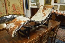 In the manner of Le Corbusier, a pony skin upholstered lounger.