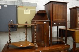 A walnut two-tier corner shelf, a mahogany hanging corner cupboard and a pot cupboard.