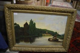 Continental school coastal landscape with figures on canvas together with a colour print.