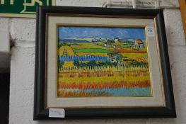 In the manner of Van Gogh, small oil painting depicting rural landscape.