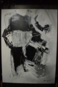 Large black and white abstract oil on canvas, signed, unframed.